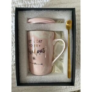 Doueblewhale Pink Marble Ceramic Mug Set Not A Day Over Fabulous Gold Spoon #510
